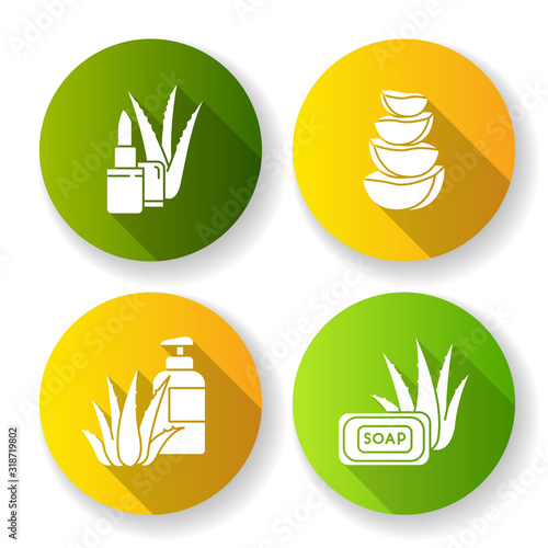 Aloe vera flat design long shadow glyph icons set. Bathing products with organic ingredients. Natural lipbalm. Slices of cactus. Cut succulent. Cosmetic for skincare. Silhouette RGB color illustration