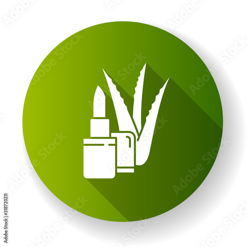 Organic lip balm green flat design long shadow glyph icon. Organic cosmetic with aloe vera extract. Lipcare with medicinal herbs. Dermatology and skincare. Silhouette RGB color illustration
