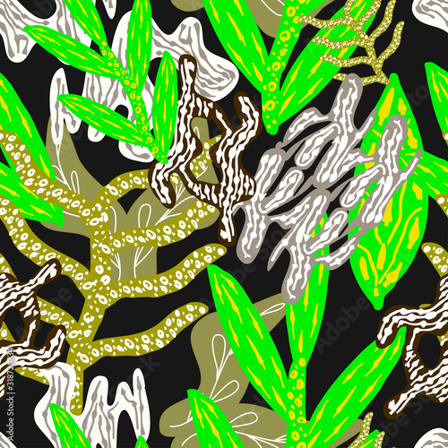 seamless pattern with abstract leaves of green and gray colors drawn on a dark background, vector