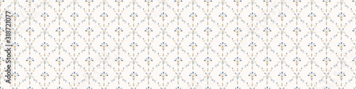 French damask shabby chic floral linen vector texture border background. Pretty daisy flower banner seamless pattern. Hand drawn floral interior home decor ribbon trim. Classic rustic farmhouse style.