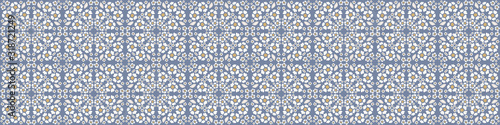 French damask shabby chic floral linen vector texture border background. Pretty daisy flower banner seamless pattern. Hand drawn floral interior home decor ribbon trim. Classic rustic farmhouse style.