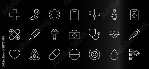 Set of Medicine vector line icons. It contains the first aid kit, nurse, syringe, thermometer, plastic, pills, heart, drop of blood, palpitation and much more. Editable Stroke. 32x32 pixels.