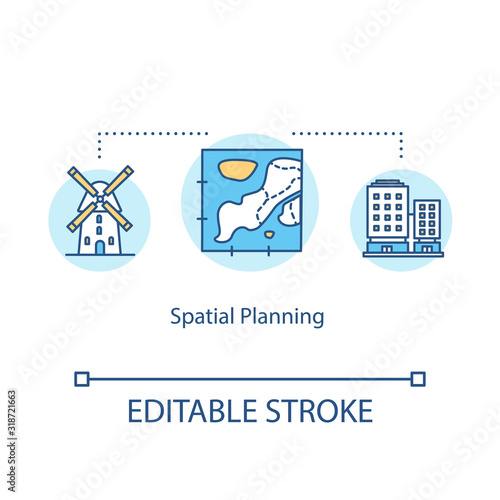 Spatial planning concept icon. Urban zoning idea thin line illustration. City sectors and regions. Town areas scheme and mapping. Vector isolated outline RGB color drawing. Editable stroke
