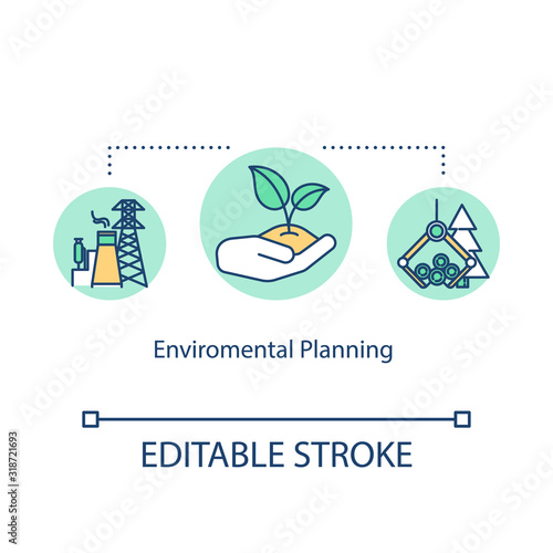 Environmental planning concept icon. Sustainable development idea thin line illustration. Eco friendly industry and manufacturing. Vector isolated outline RGB color drawing. Editable stroke