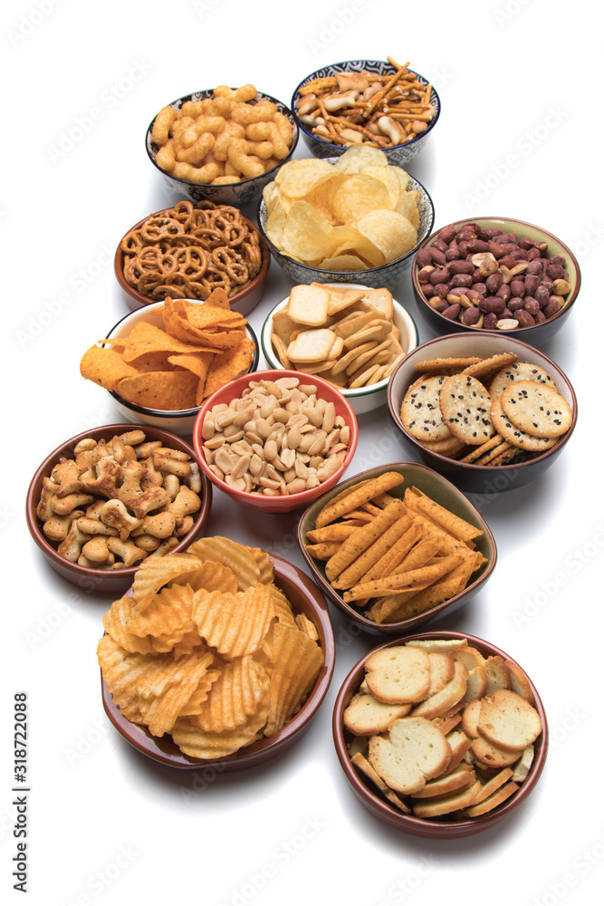 Salty snacks isolated on white Salty snacks isolated on white