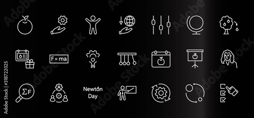 Newton's Day Set Line Vector Icon. Contains such Icons as Newton, Laws of physics and gravity, Flying Apple, Calendar, Teacher, blackboard and projector Editable Stroke. 32x32 Pixels