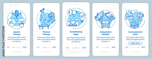 Inclusive program onboarding mobile app page screen with concepts. Therapy and inclusion in public life walkthrough five steps graphic instructions. UI vector template with RGB color illustrations