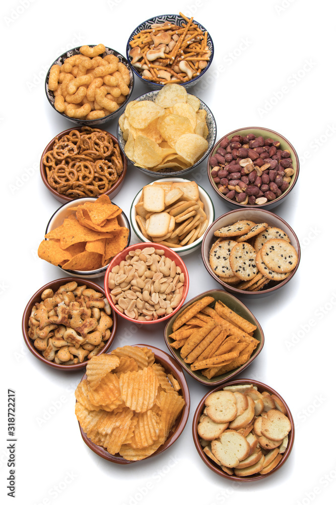 Salty snacks isolated on white Salty snacks isolated on white