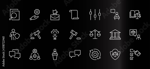 Set of Law and justice Vector Line Icons. Contains such Icons as weapon, arrest, authority, courthouse, gavel, legal, weapon and more. Editable stroke. 32x32 Pixels