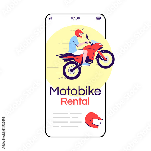 Motorbike rental cartoon smartphone vector app screen. Local transport. Extreme riding. Indonesia tourism. Mobile phone display with flat character design mockup. Application telephone cute interface