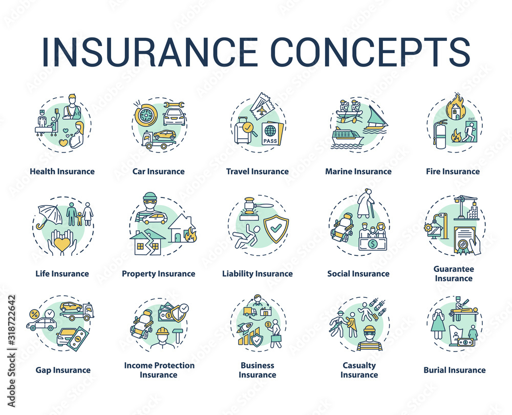 Insurance concept icons set. Protection from financial loss. Legal contract. Risk management idea thin line RGB color illustrations. Vector isolated outline drawings. Editable stroke Insurance concept icons set. Protection from financial loss. Legal contract. Risk management idea thin line RGB color illustrations. Vector isolated outline drawings. Editable stroke