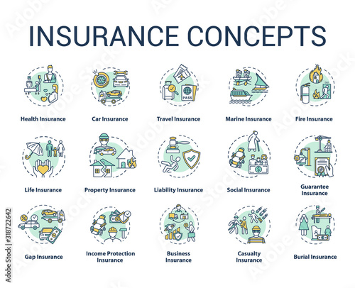 Insurance concept icons set. Protection from financial loss. Legal contract. Risk management idea thin line RGB color illustrations. Vector isolated outline drawings. Editable stroke