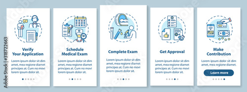 Insurance onboarding mobile app page screen with concepts. Get verification. Approval process walkthrough 5 steps graphic instructions. UI vector template with RGB color illustrations