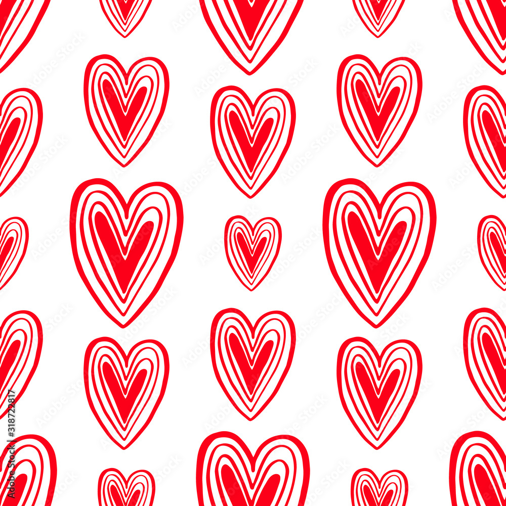 Seamless pattern of decorative hand-drawn red hearts