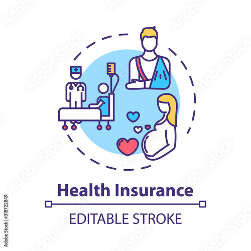 Health insurance concept icon. Pregnant woman checkup. Injury from accident. Medical assurance idea thin line illustration. Vector isolated outline RGB color drawing. Editable stroke