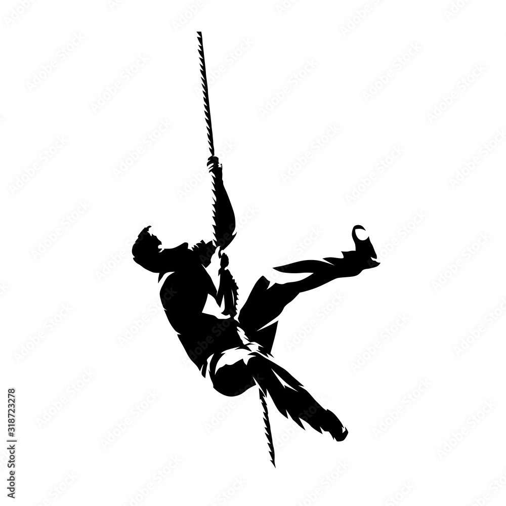 Rope climbing workout, isolated vector silhouette, ink drawing