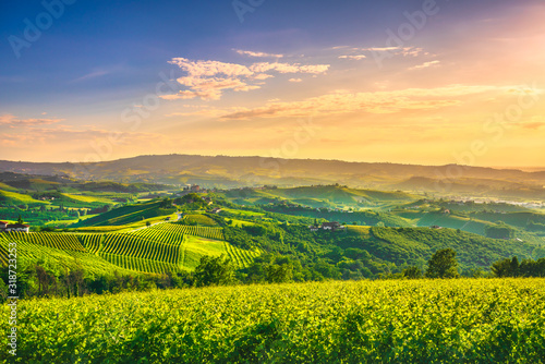 Langhe vineyards sunset panorama  Grinzane Covour  Piedmont  Italy Europe.