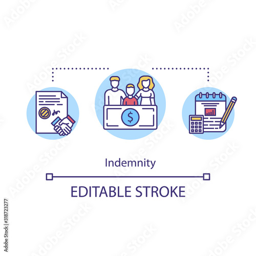 Indemnity concept icon. Legal obligation. Family insurance plan. Compensation with sum of money. Payout idea thin line illustration. Vector isolated outline RGB color drawing. Editable stroke