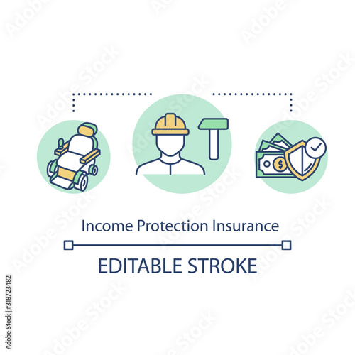 Income protection insurance concept icon. Accident on construction. Builder job. Worker financial support idea thin line illustration. Vector isolated outline RGB color drawing. Editable stroke