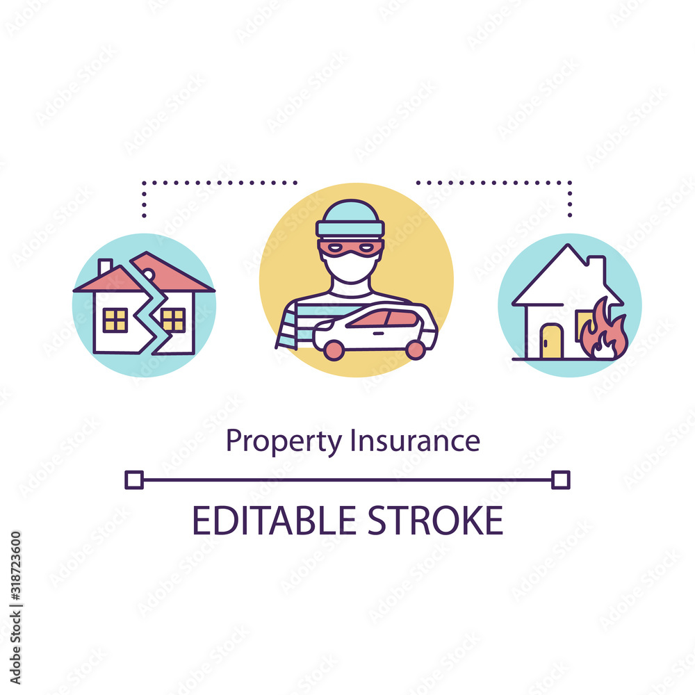 Property insurance concept icon. Estate damage coverage. Car theft. Crime recovery. Financial aid idea thin line illustration. Vector isolated outline RGB color drawing. Editable stroke Property insurance concept icon. Estate damage coverage. Car theft. Crime recovery. Financial aid idea thin line illustration. Vector isolated outline RGB color drawing. Editable stroke