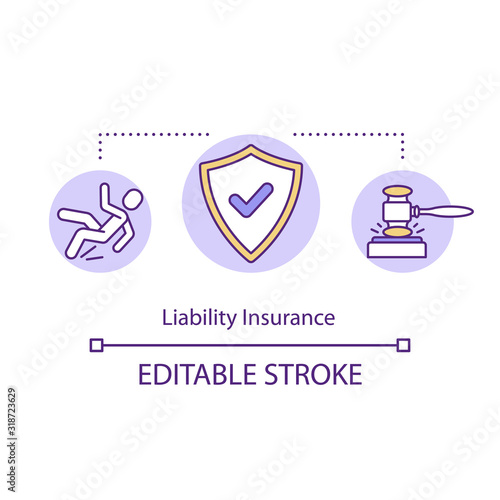 Liability insurance concept icon. Legal regulation. Injury from accident. Protection and guard. Lawsuit approved idea thin line illustration. Vector isolated outline RGB color drawing. Editable stroke