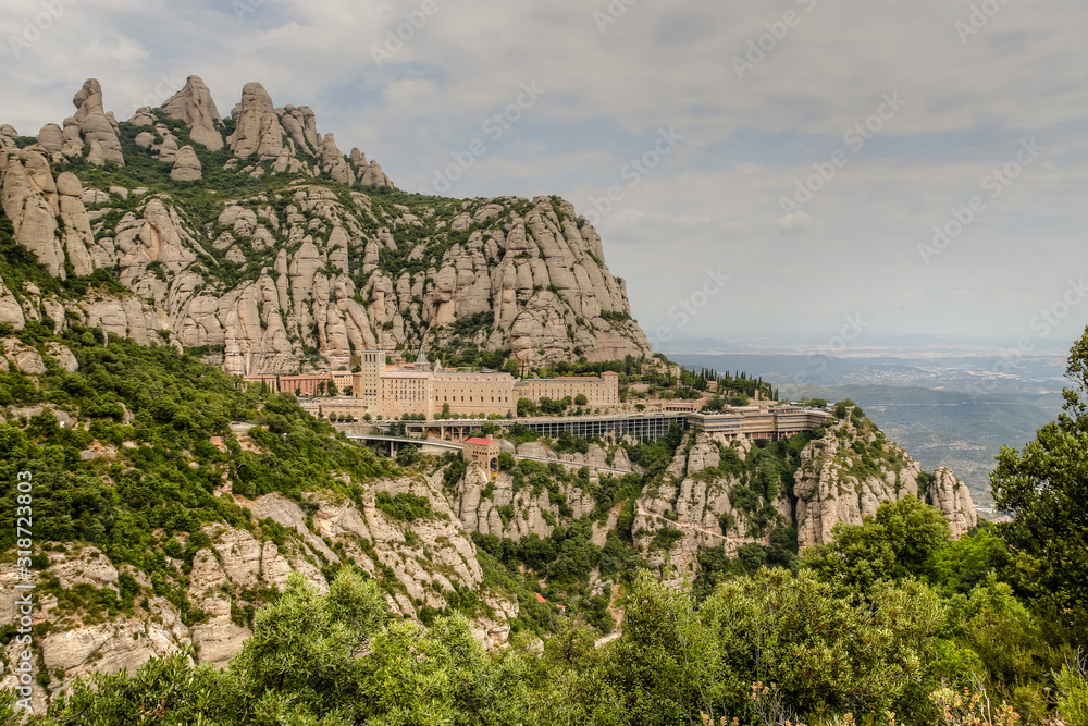 Views across the valley of the Montserrat Monastery and Abbey in Catalonia Spain