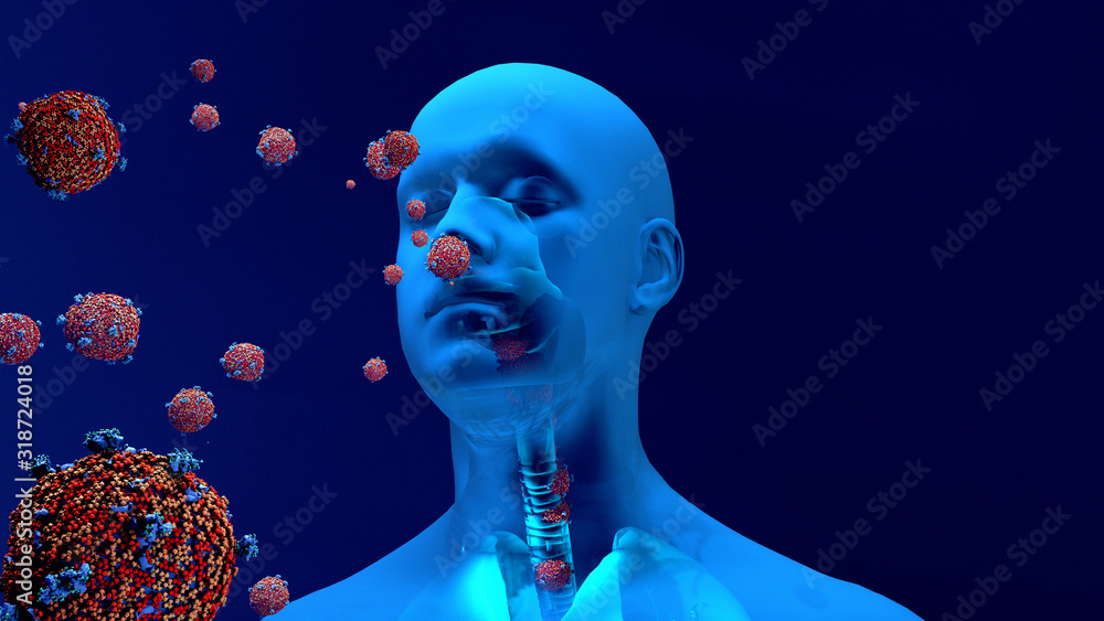 Droplets infected with a virus spray into the air, Human lungs infected by the Coronavirus or by virus, Respiratory infection caused by a virus. SARS - obrazy, fototapety, plakaty 
