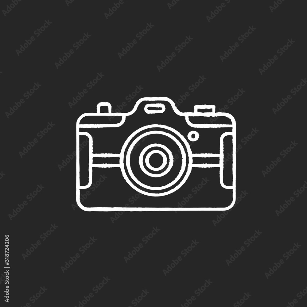 Digital still camera chalk white icon on black background. Photography tool. Portable recording gadget. Photoshoot. Technology. Handheld electronic device. Isolated vector chalkboard illustration