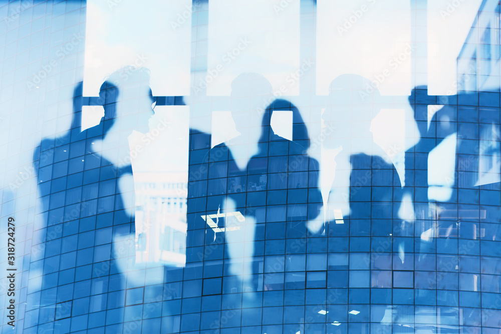 © alphaspirit - Business people collaborate together in office. Internet connection effects. Double exposure effects.