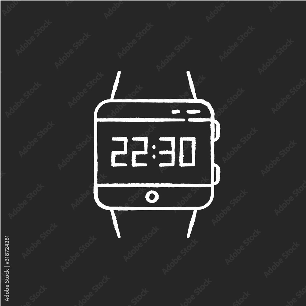 Wrist smartwatch chalk white icon on black background. Smart watch with touchscreen display. Wristwatch. Digital clock. Wearable gadget. Fitness tracker. Isolated vector chalkboard illustration Wrist smartwatch chalk white icon on black background. Smart watch with touchscreen display. Wristwatch. Digital clock. Wearable gadget. Fitness tracker. Isolated vector chalkboard illustration