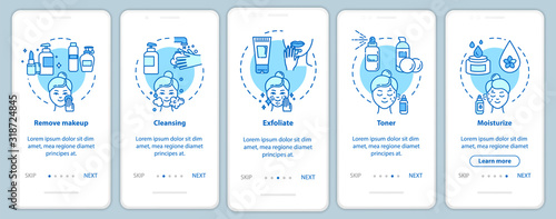 Skicare onboarding mobile app page screen with concepts. Regular masks, facebuilding. Cosmetology walkthrough 5 steps graphic instructions. UI vector template with RGB color illustrations