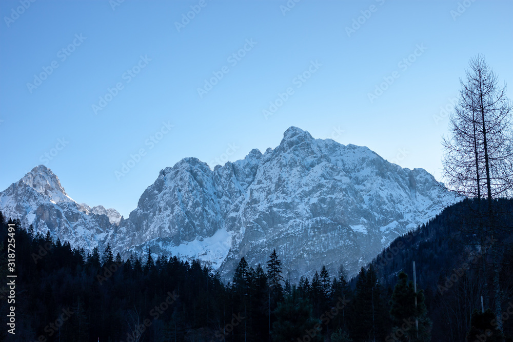 beautiful evening winter Alps mountains silhouette