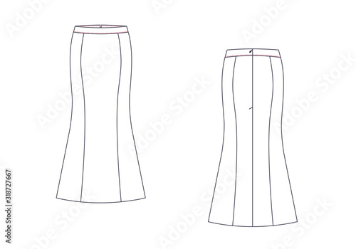 Long skirt with banded waist, back zip clasp, back kick pleat.