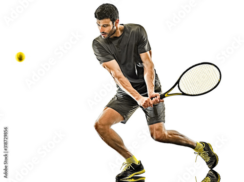 mature tennis player man backhand isolated white background photo