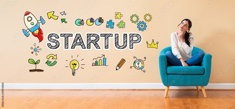Startup with woman in a thoughtful pose in a chair Startup with woman in a thoughtful pose in a chair