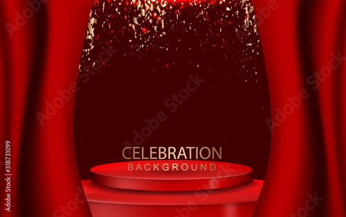 Elegant red podium with ribbon celebration concept background. Realistic vector design template for use element cover, banner, advertising, web,