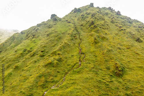 Photo Mount Pelee green volcano hillside with hiking trail full of tourists, Martiniqu