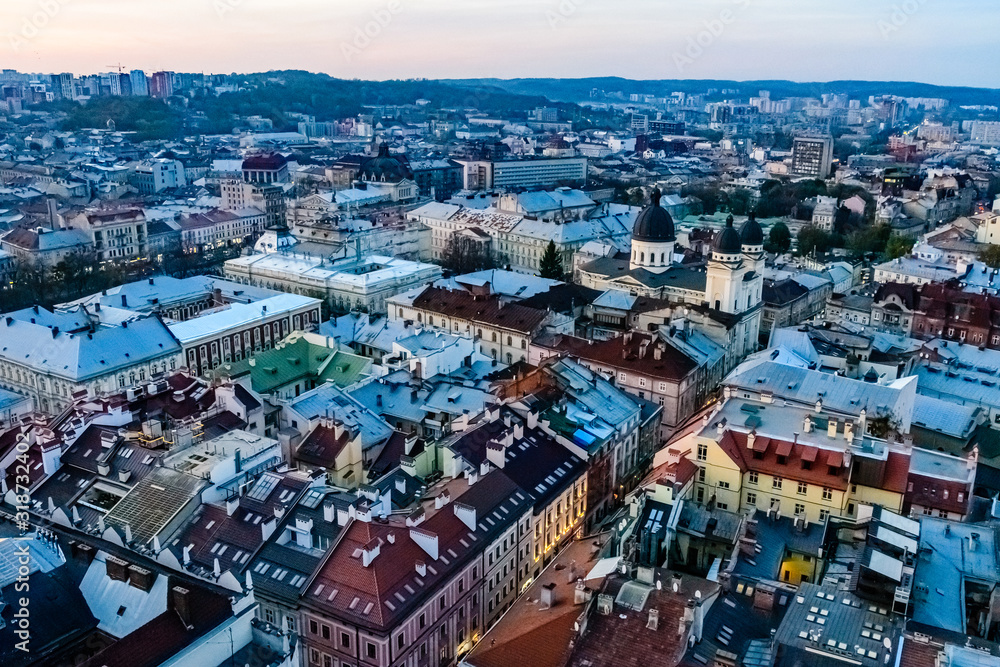 View on historic center of the Lviv at sunset. View on Lvov cityscape from the town hall