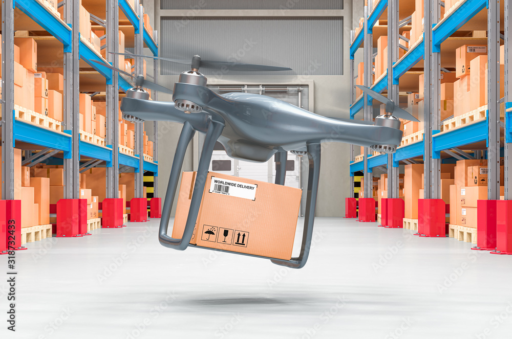 Naklejka premium Drone with parcel in storehouse. 3D rendering