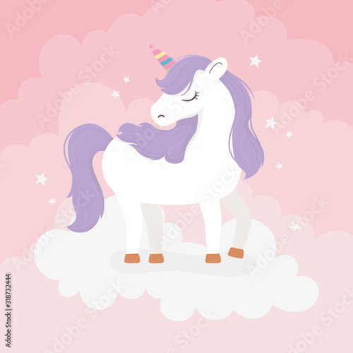 unicorn with purple hair on clouds fantasy magic dream cute cartoon