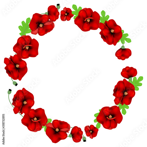 circle frame of red poppies on a white background