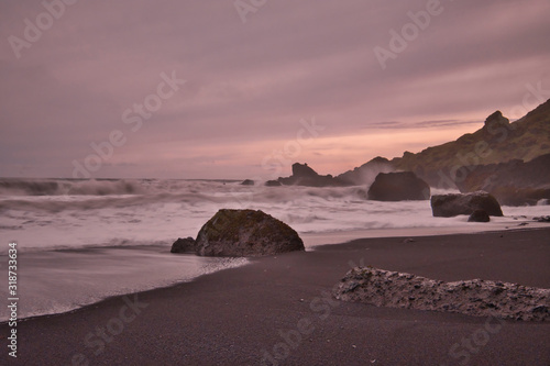 Wild coastline with black beach in South Iceland