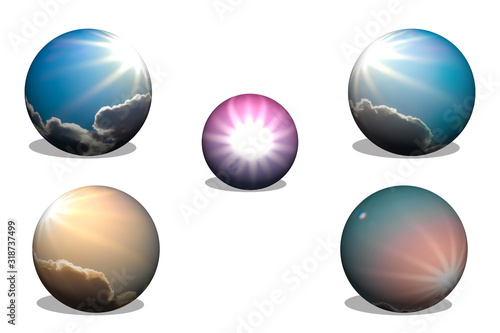 five spheres sunny sky theme 3D on a white background