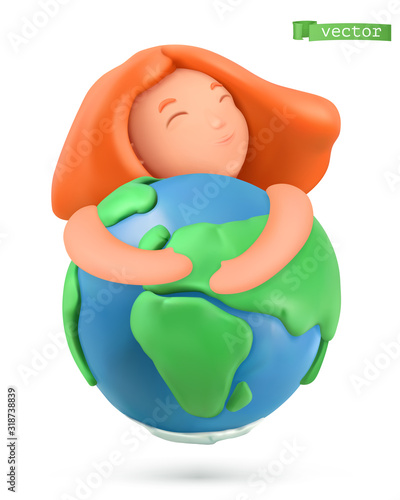 Earth day icon. Little girl hugs the planet. 3d vector object. Handmade plasticine art illustration