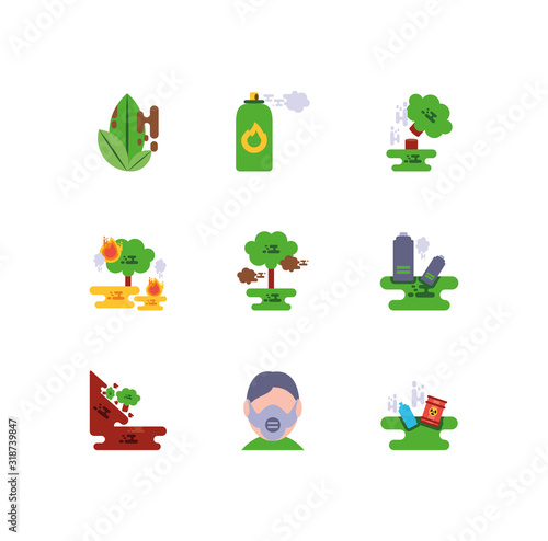 Climate change global warning and pollution icon set vector design