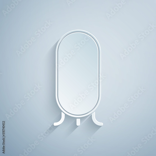 Paper cut Big full length mirror for bedroom, shops, backstage icon isolated on grey background. Paper art style. Vector Illustration