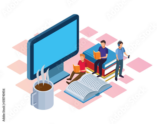 Photos hot coffee mug, computer and people reading