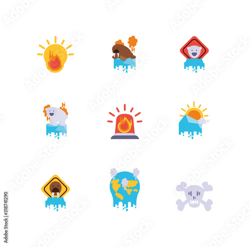 Climate change global warning and pollution icon set vector design