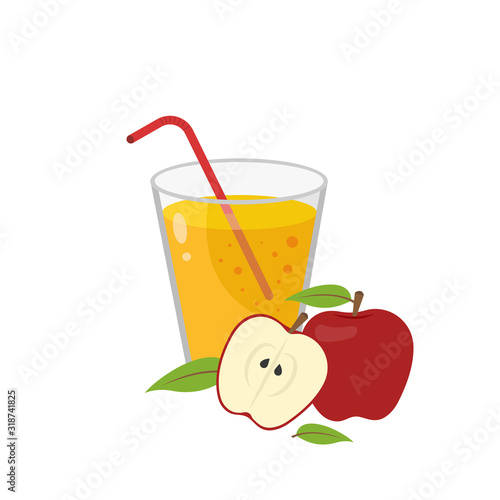 Glass of apple juice and red apple isolated on white background. Vector illustration