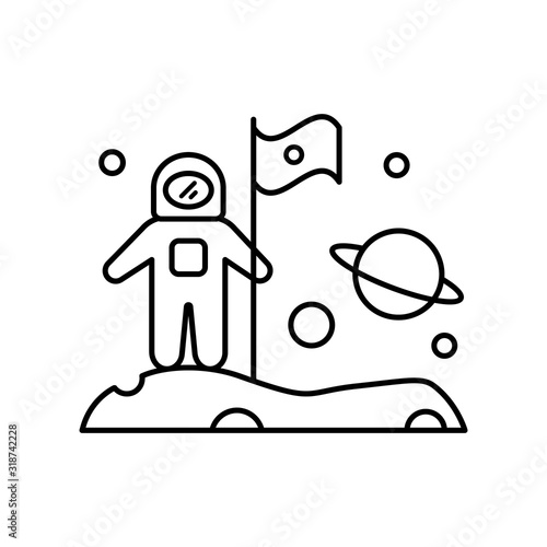 Astronaut puts a flag on the new planet icon. Simple line, outline vector elements of interplanetary colonization icons for ui and ux, website or mobile application